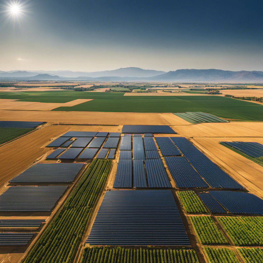 An image showcasing solar thermal energy's role in agriculture: a vast field with rows of thriving crops, surrounded by solar collectors