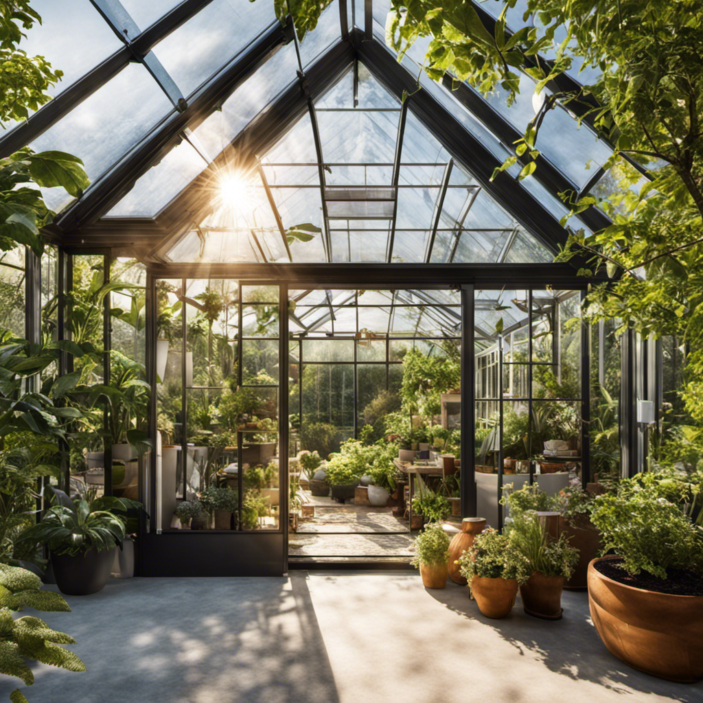 An image showcasing a sunlit greenhouse, with solar thermal panels installed on the roof, effortlessly harnessing the sun's energy to provide optimal heating conditions for plants, ensuring their healthy growth and productivity