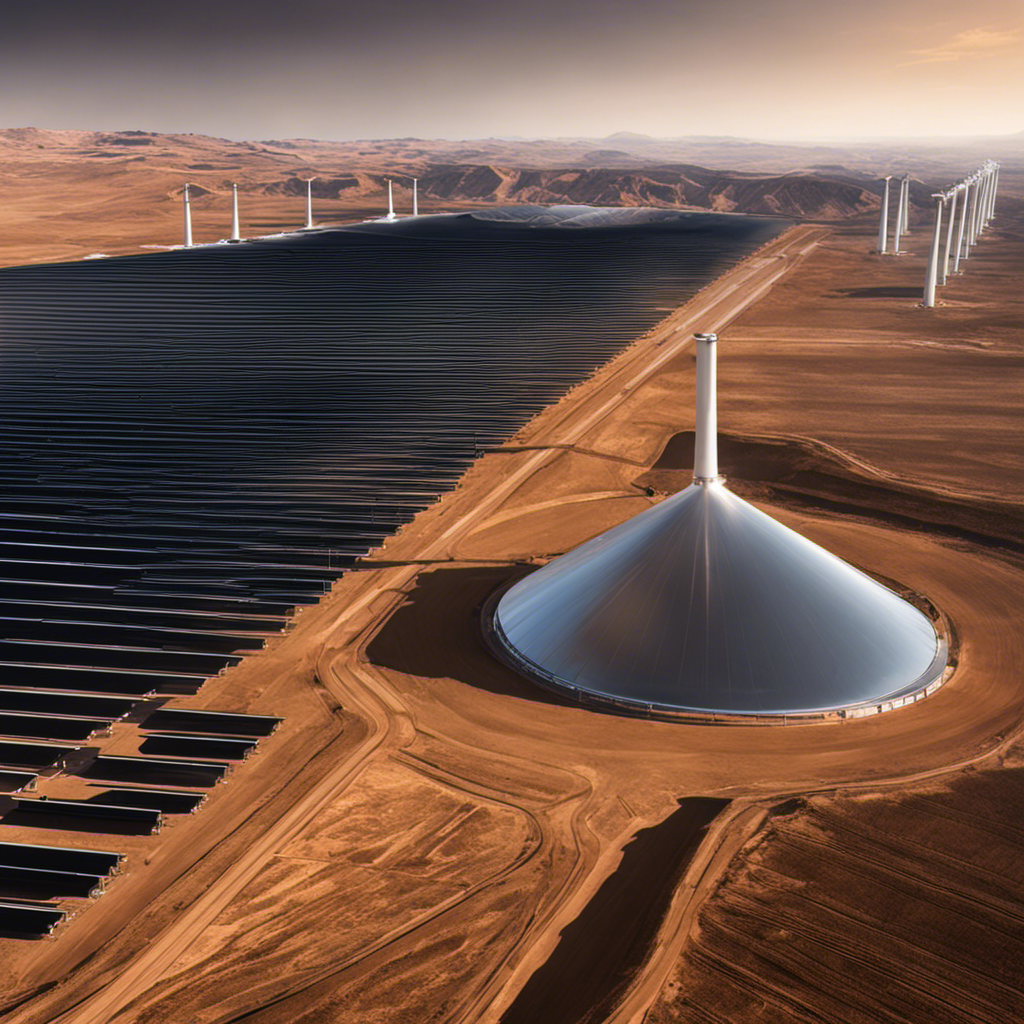 An image showcasing a large-scale solar thermal power plant, with parabolic troughs and mirrors concentrated on a fluid-filled receiver