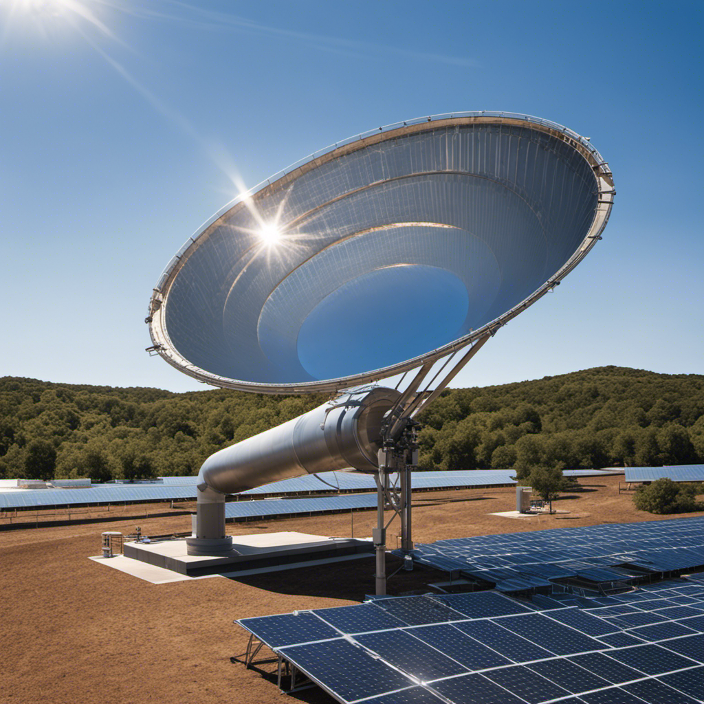 An image featuring a large parabolic solar collector reflecting sunlight onto a pipe filled with a heat transfer fluid, surrounded by a clear blue sky, showcasing the process of solar thermal energy generation