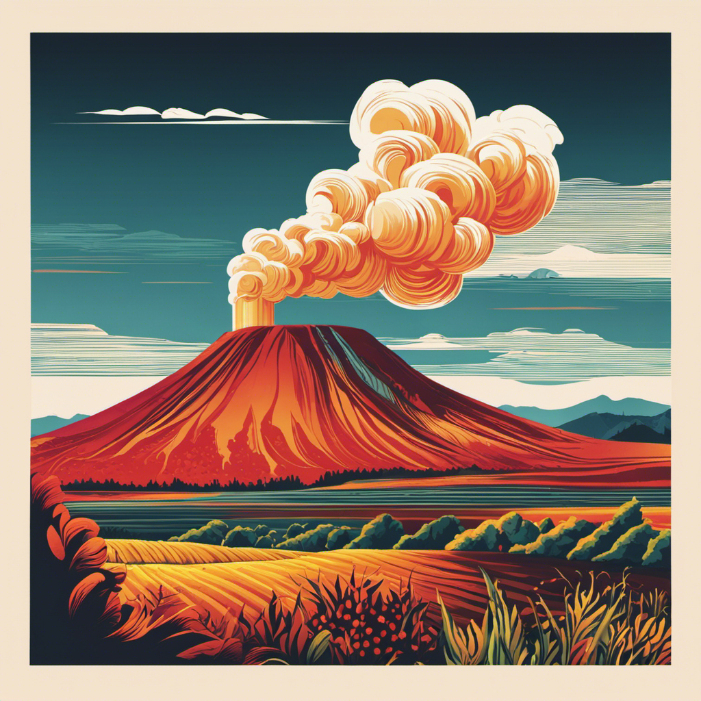 An image depicting a beautiful landscape with volcanic activity and a geothermal power plant, emitting billowing steam into the clear sky