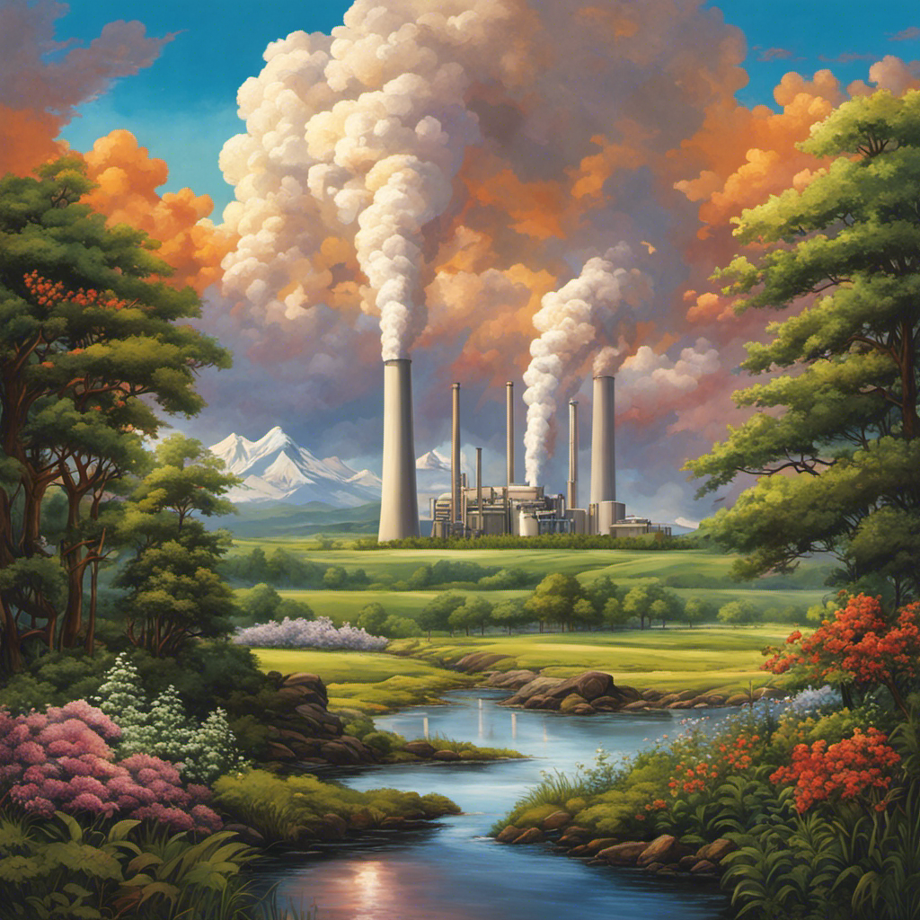 An image depicting a serene landscape with a geothermal power plant in the foreground, emitting billowing clouds of greenhouse gases, while nearby flora and fauna struggle to survive, representing the environmental impact of geothermal energy