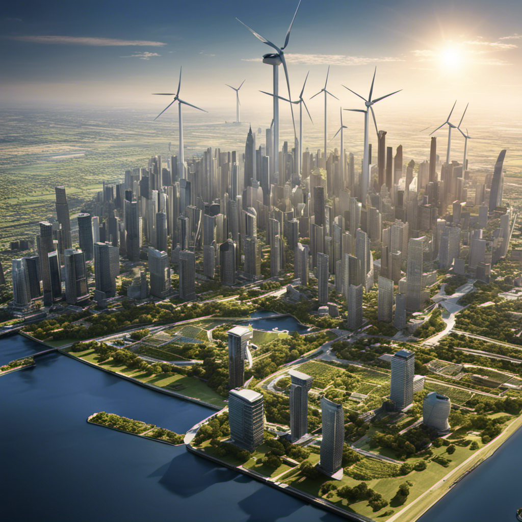 An image showcasing a sprawling cityscape with towering skyscrapers casting long shadows over solar panels and wind turbines, symbolizing the challenge of integrating renewable energy as a primary source amid urbanization and limited space