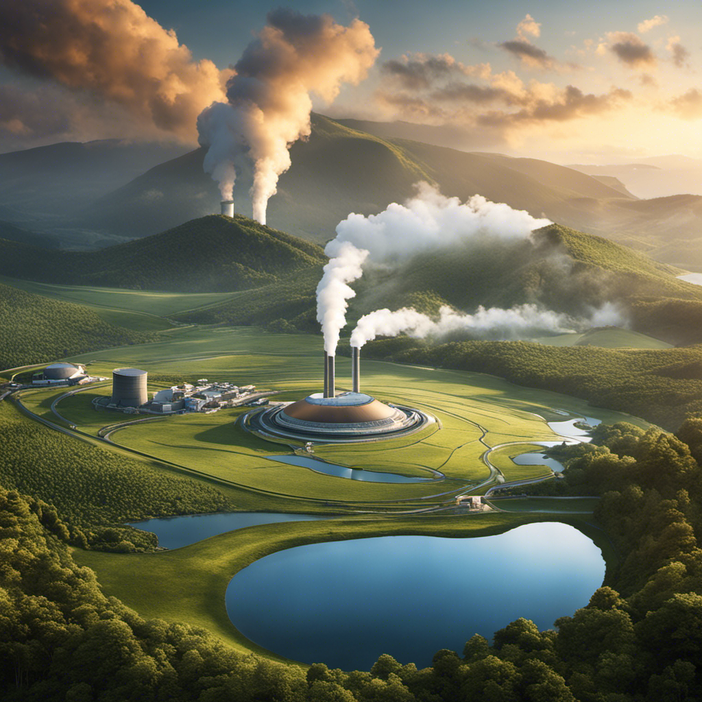An image showcasing a serene landscape with a geothermal power plant nestled within, emitting no greenhouse gases