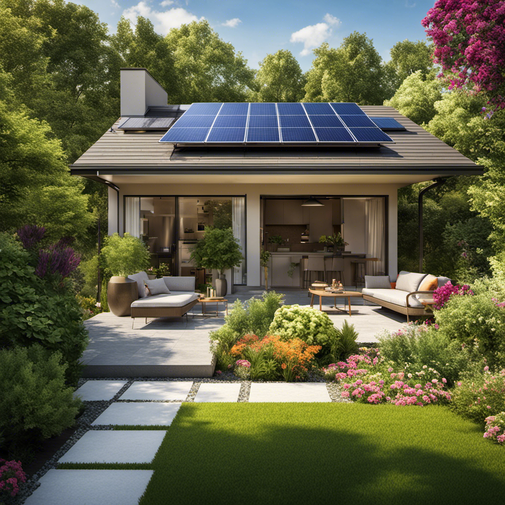An image showcasing a sunny backyard with a small, sleek solar panel system installed on the roof of a cozy home, surrounded by lush greenery and radiant flowers, illustrating the affordability and accessibility of solar energy for residential use
