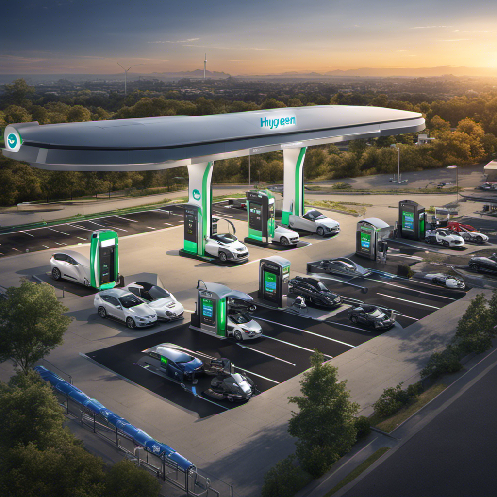 An image showcasing a hydrogen fuel station with various vehicles fueling up, highlighting the cost factor