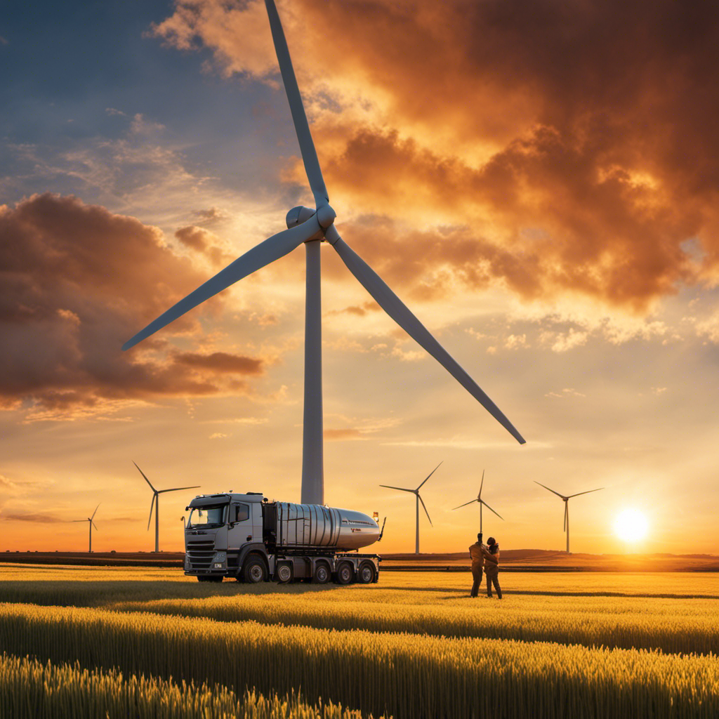 An image showcasing a vast open field with a towering wind turbine, its sleek blades gracefully spinning against a radiant sunset backdrop
