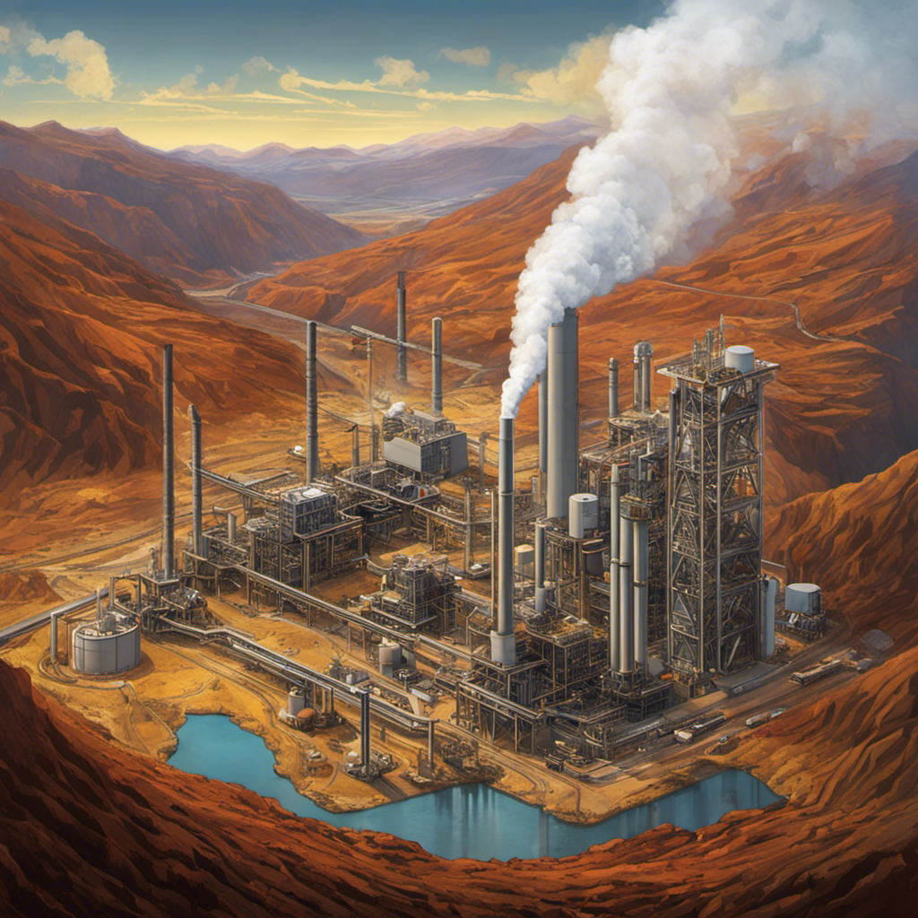 An image showing a vast geothermal power plant nestled within a rugged landscape, with towering drill rigs piercing the Earth's surface, a network of pipes transporting steam, and workers monitoring control panels, depicting the intricate and costly process of generating geothermal energy