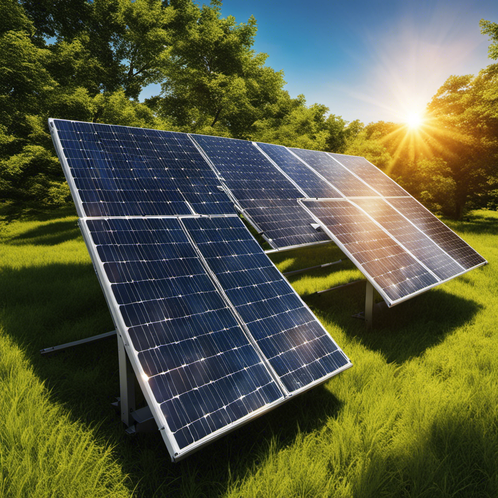 An image showcasing a vibrant solar panel installation, basking in the golden sunlight against a clear blue sky, surrounded by lush greenery, symbolizing the cost-effectiveness and renewable nature of solar energy