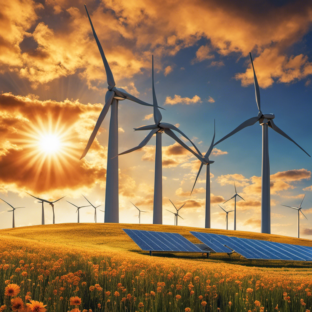 An image that showcases a vibrant, dynamic landscape with wind turbines majestically spinning against a clear blue sky, while solar panels glisten in the sunlight, depicting the harmonious correlation between wind and solar energy production