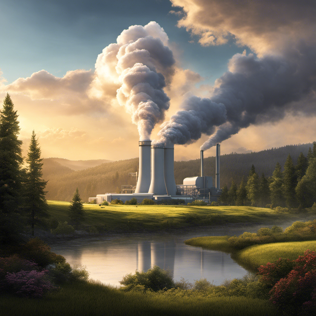 An image depicting a serene landscape with a modern geothermal power plant in operation, utilizing underground heat for electricity generation