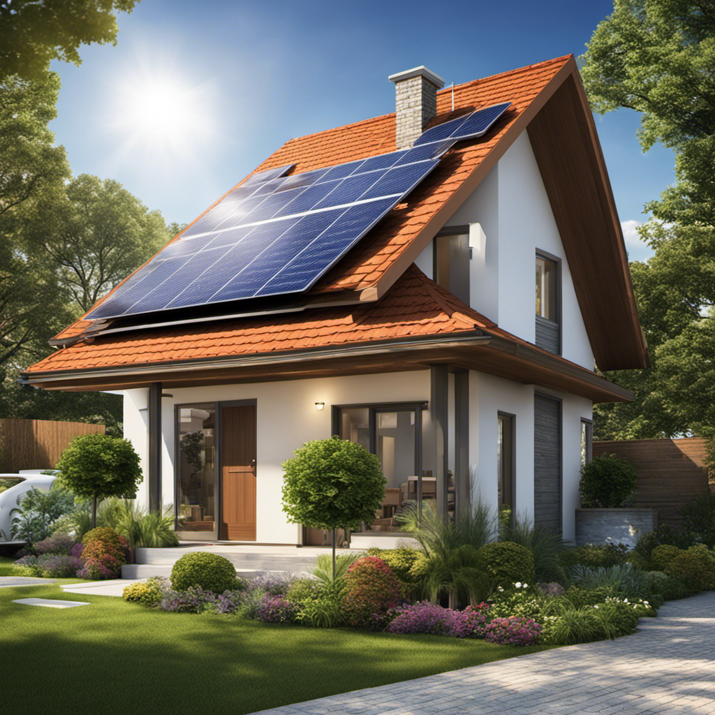 An image showcasing a suburban house with solar panels on its roof, absorbing sunlight