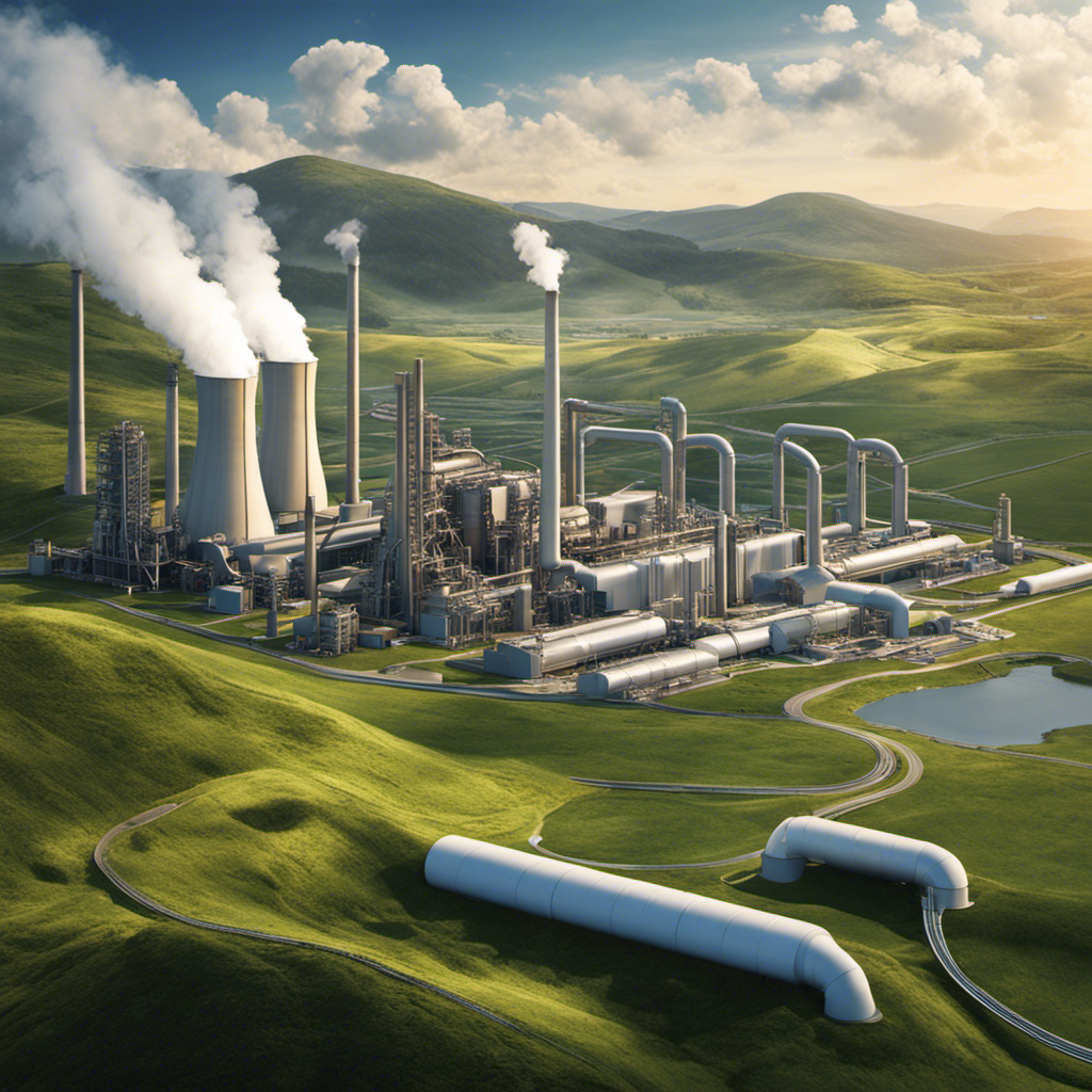 An image showcasing a geothermal power plant against a backdrop of rolling hills, with a clear depiction of pipelines, turbines, and cooling towers