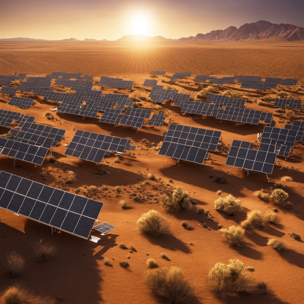 An image of a barren desert landscape with solar panels scattered across it, showing the contrast between the vast, untouched natural beauty and the human intervention required for harnessing solar energy