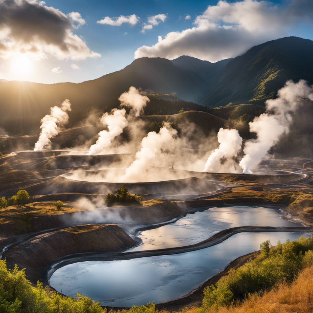 An image showcasing a vast landscape with hot springs and steam rising from the earth, surrounded by geothermal power plants nestled amidst mountains