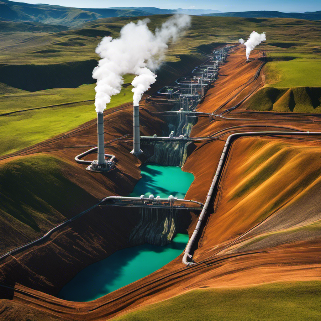 An image showcasing the intricate underground network of pipes circulating geothermal fluids, surrounded by a vibrant landscape