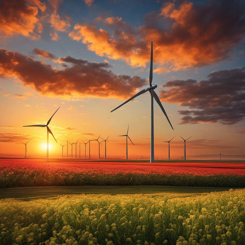 An image showcasing a vibrant sunrise, with a wind turbine gracefully rotating in a vast wind farm, solar panels gleaming under the sun, and a nuclear power plant emitting a subtle glow in the background