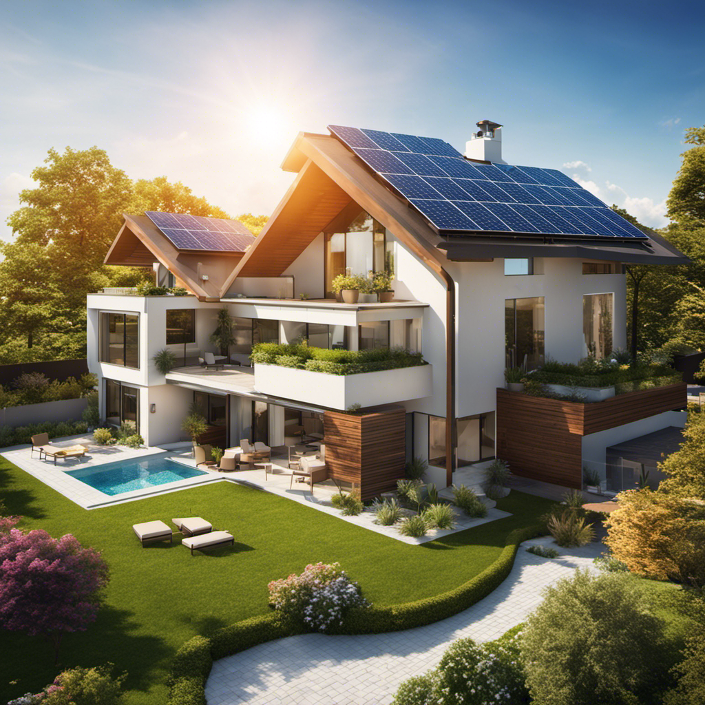 An image showcasing a sunny rooftop with multiple solar panels installed, surrounded by a vibrant landscape