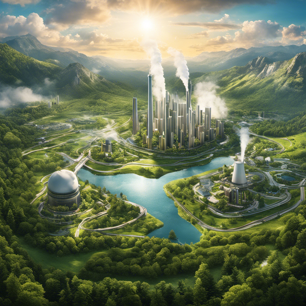 An image showcasing a futuristic cityscape with towering geothermal power plants, emitting clean energy into the sky