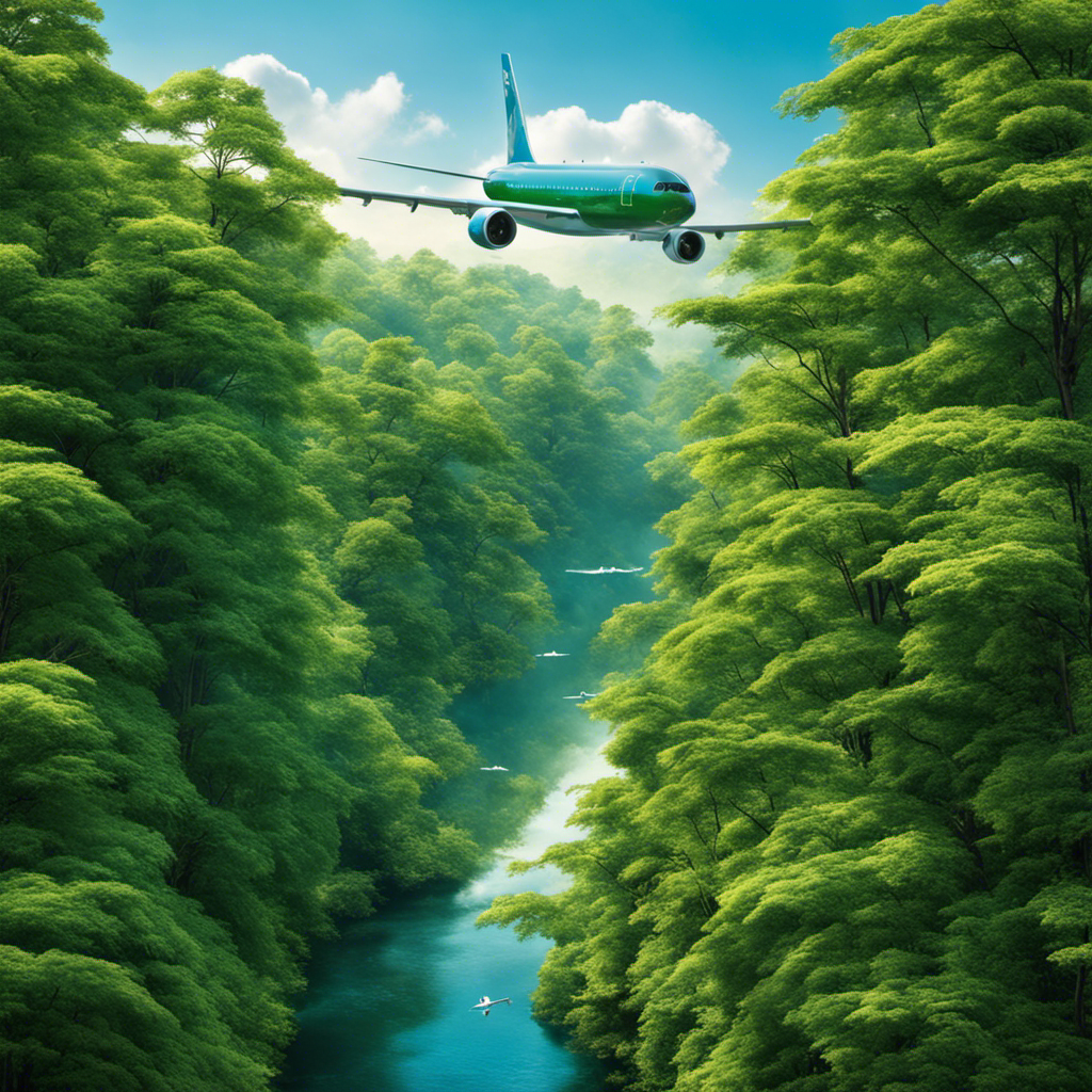 An image showcasing a lush, green forest with a clear blue sky, while a modern, eco-friendly aircraft glides silently overhead, symbolizing the positive impact of sustainable aviation on the environment