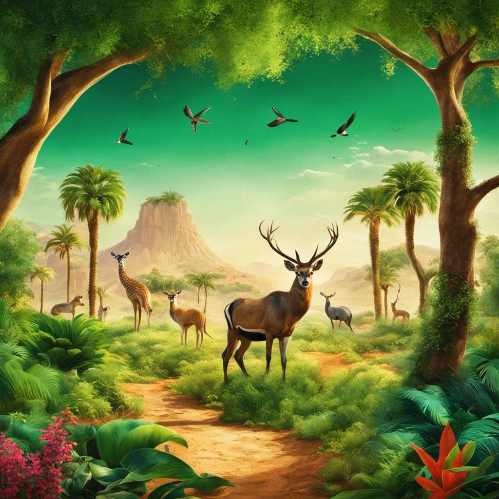 An image showcasing a lush green forest with thriving wildlife, juxtaposed against a barren desert landscape
