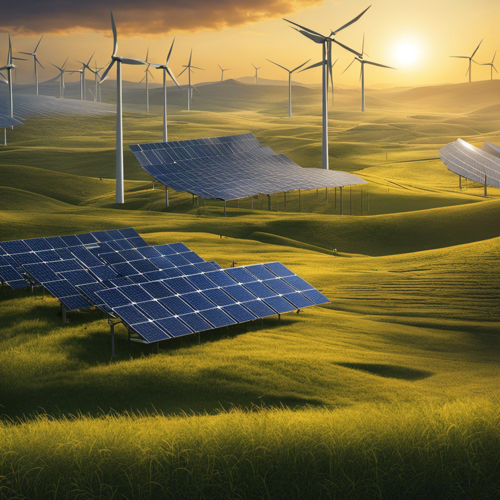 An image that depicts a sun-drenched landscape with solar panels and wind turbines in the foreground, while a network of interconnected batteries spans the horizon, illustrating the crucial role of storage in maximizing the potential of renewable energy sources