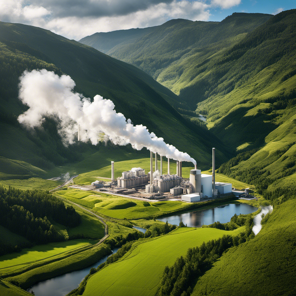 An image showcasing a vibrant geothermal power plant nestled amidst a lush landscape, emitting clean energy with billowing white steam rising from the earth's core, demonstrating the crucial significance of geothermal energy