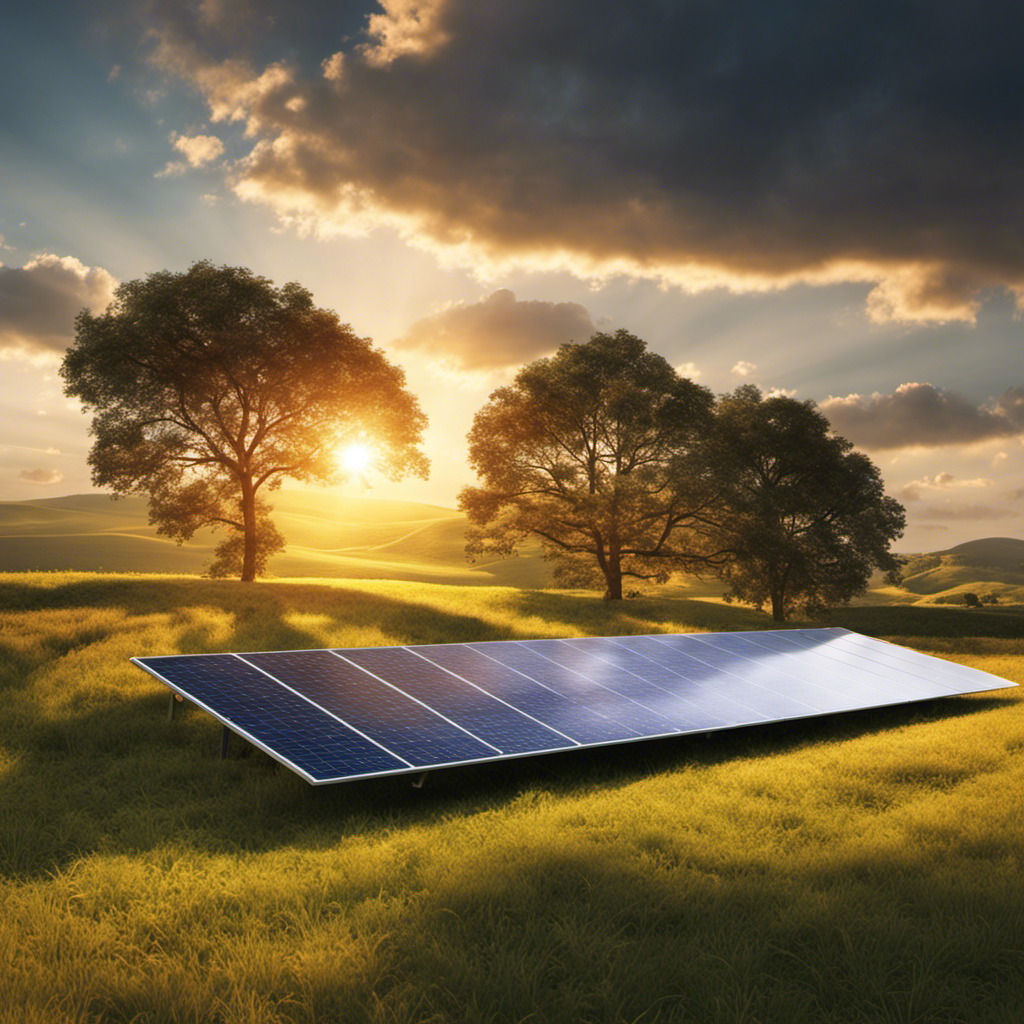 An image showcasing a bright, sunlit landscape with a solar panel seamlessly integrated, capturing the vibrant rays of sunlight falling onto a square meter of the panel, illustrating the concept of solar energy intensity