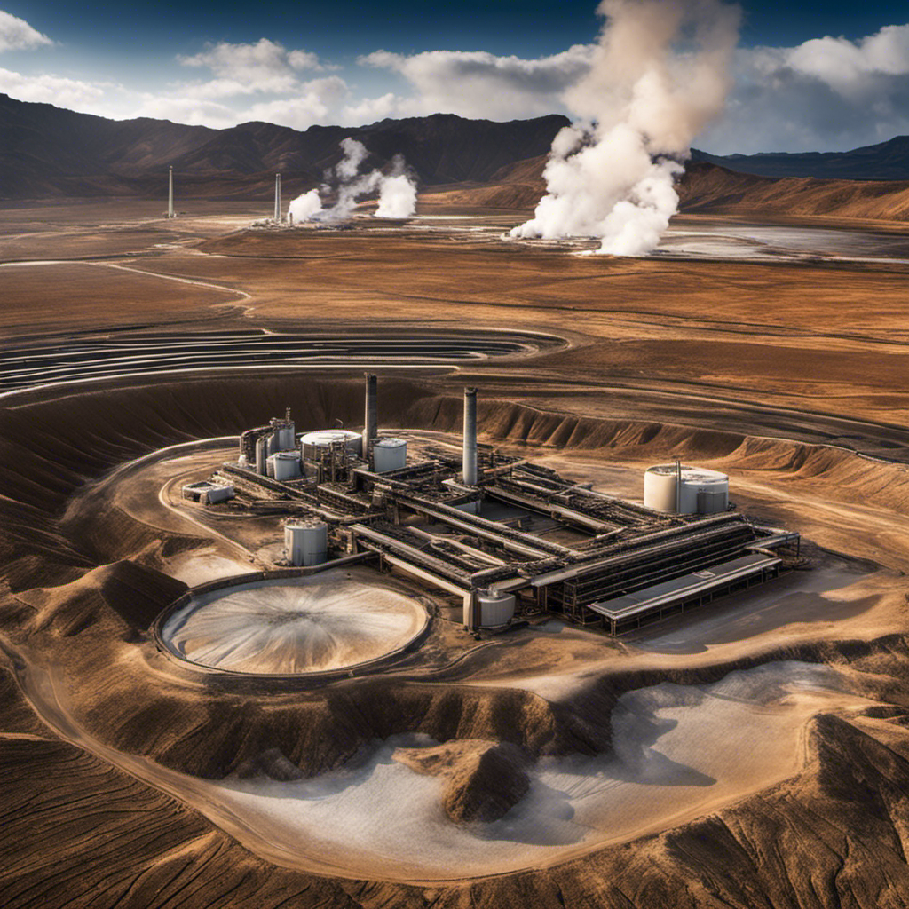 An image that showcases a geothermal power plant surrounded by barren land with cracked soil, depicting the key drawback of geothermal energy - its limited availability in regions lacking viable geothermal resources