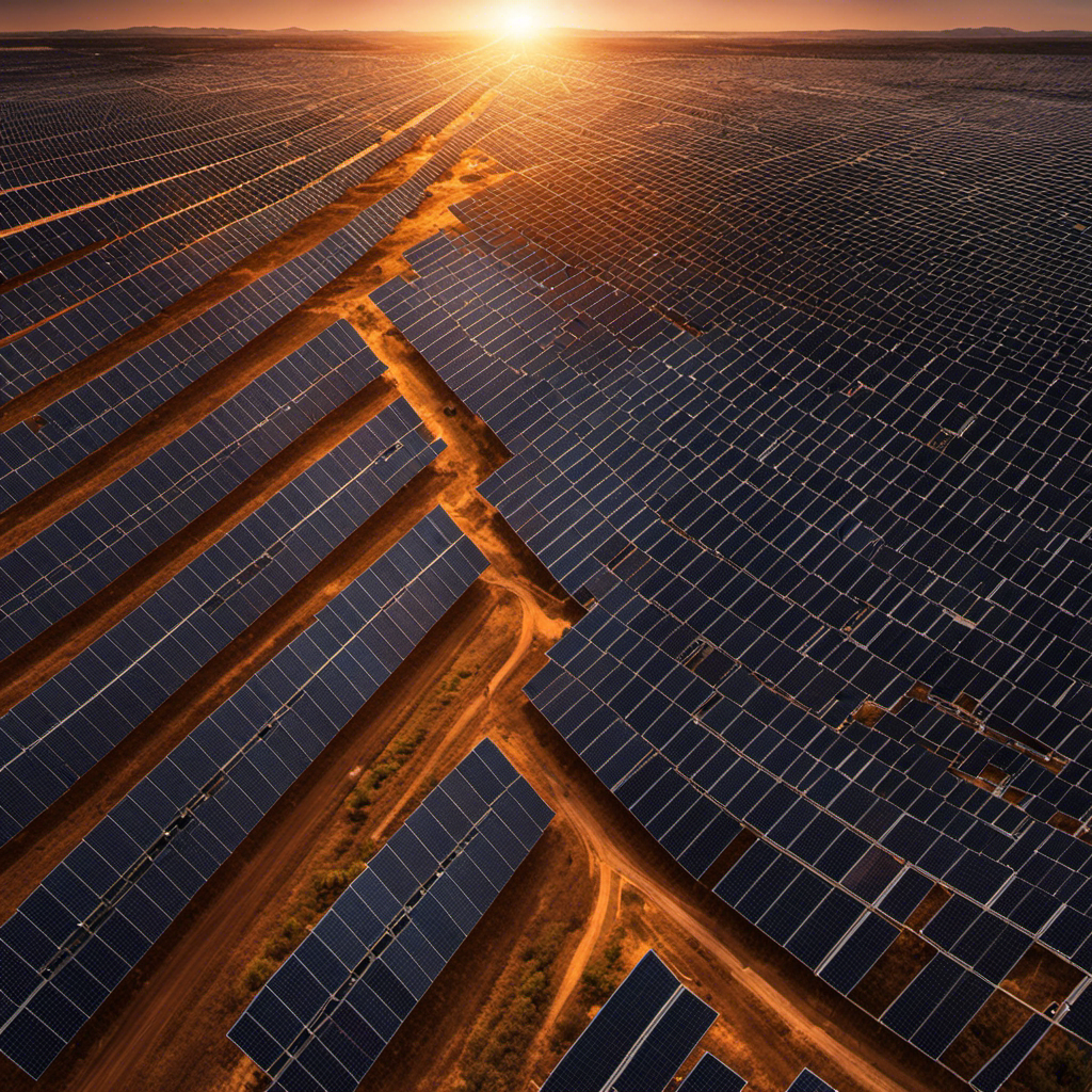 An image showcasing a vast solar farm with countless rows of gleaming solar panels stretching towards the horizon, capturing the immense scale and rapid expansion of solar energy usage