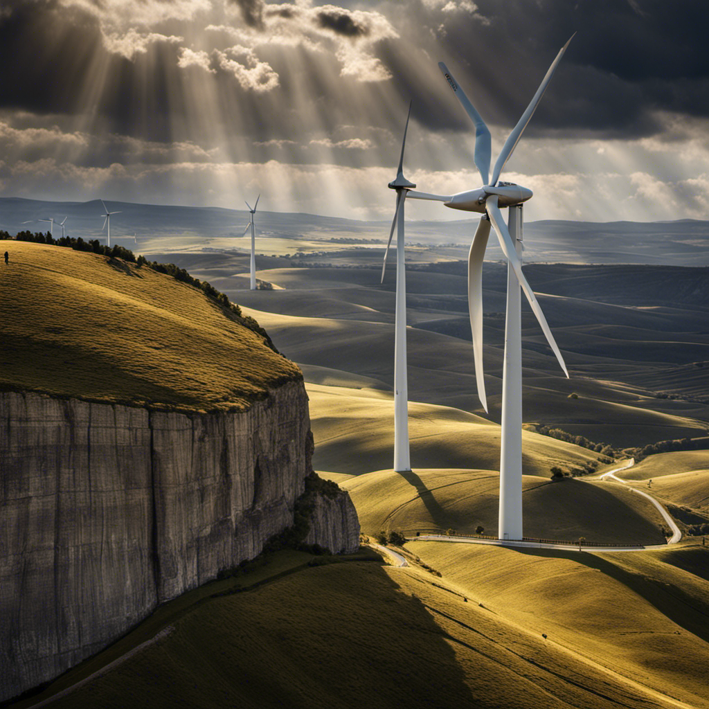 An image that vividly showcases the impressive length of wind turbine blades in relation to a human figure, accentuating their immense scale and highlighting the awe-inspiring engineering feats behind harnessing wind energy