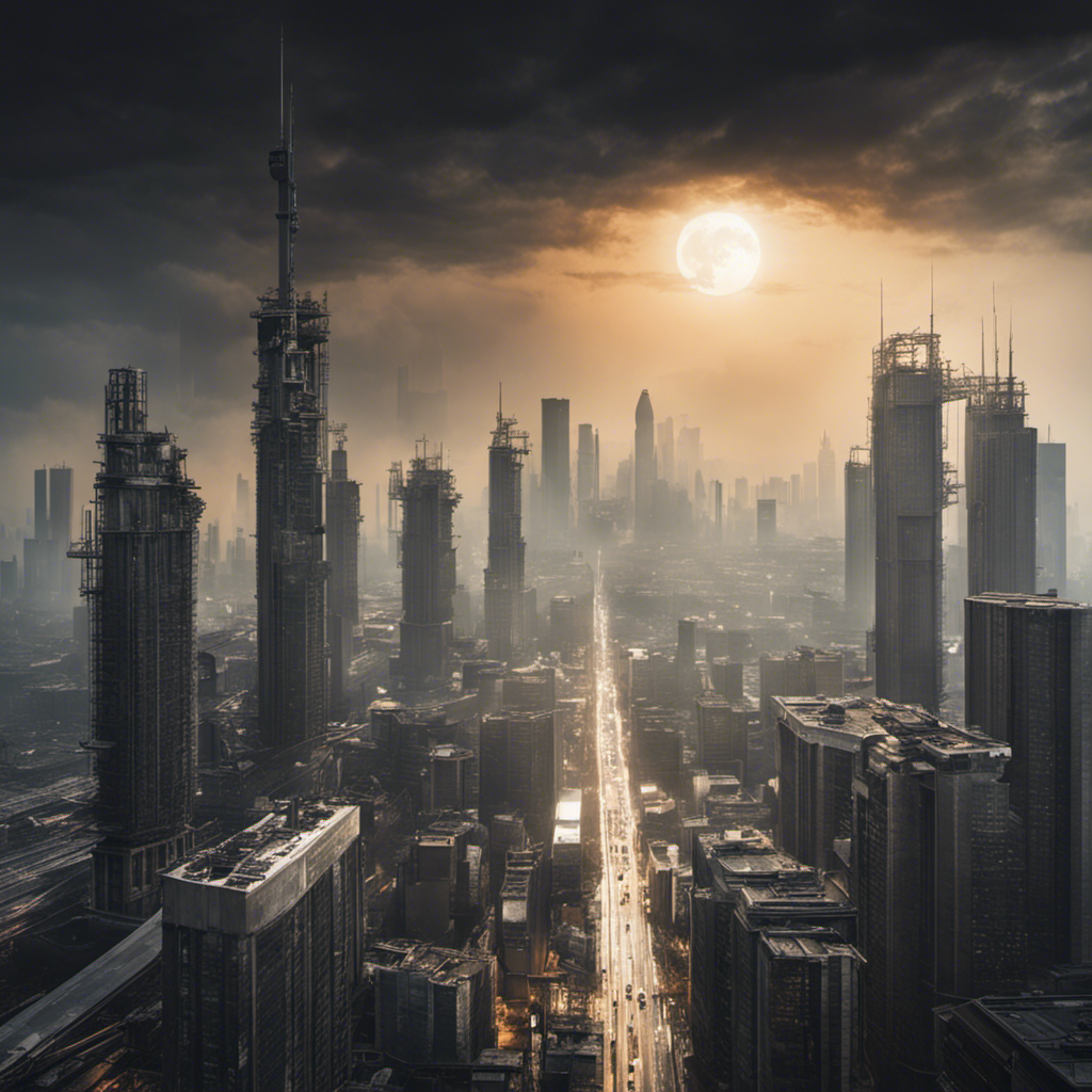 An image depicting a gloomy, smog-filled urban skyline with a solar panel installation in the foreground, neglected and covered in dust