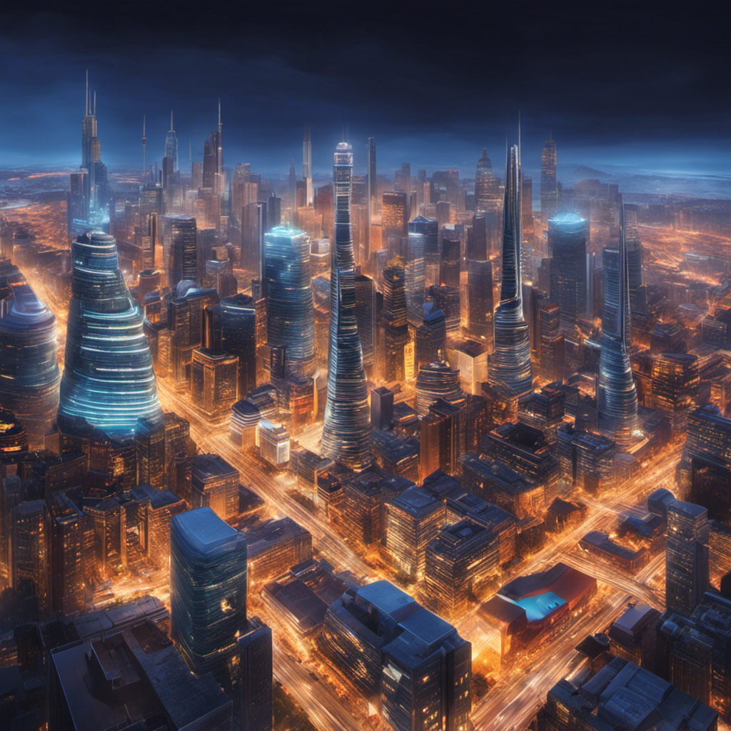 An image that depicts a vibrant cityscape with numerous buildings, where only a few have geothermal systems installed