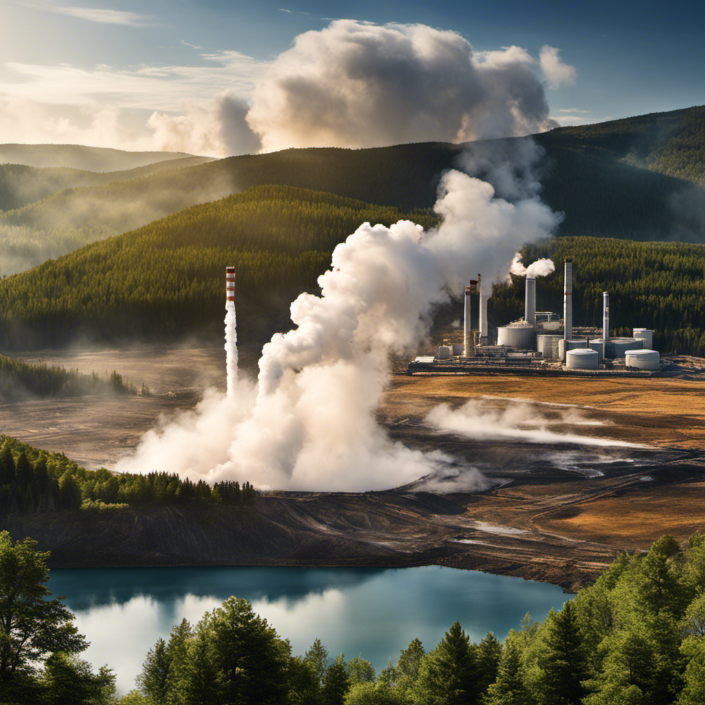 An image depicting a serene landscape with a geothermal power plant emitting thick plumes of smoke, juxtaposed against a damaged environment, symbolizing the main problem with geothermal energy