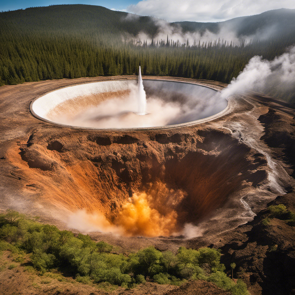 An image showcasing a deep well drilled into the Earth's crust, from which a powerful geyser-like fountain of scorching hot water and steam erupts, symbolizing the main source of geothermal energy