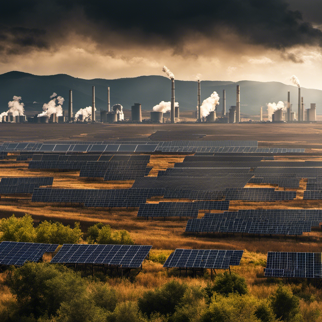 An image showcasing a vast landscape with numerous traditional power plants emitting dense black smoke, contrasting against a small cluster of solar panels, symbolizing the major reason solar energy is not used everywhere on a larger scale