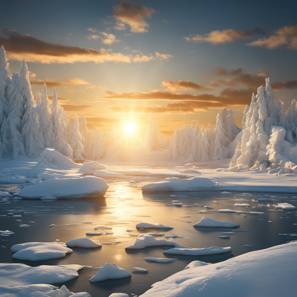 An image showcasing the awe-inspiring scene at the North Pole, with the radiant sun casting its golden rays upon the pristine icy landscape, epitomizing the maximum solar energy that can be harnessed in this remote region