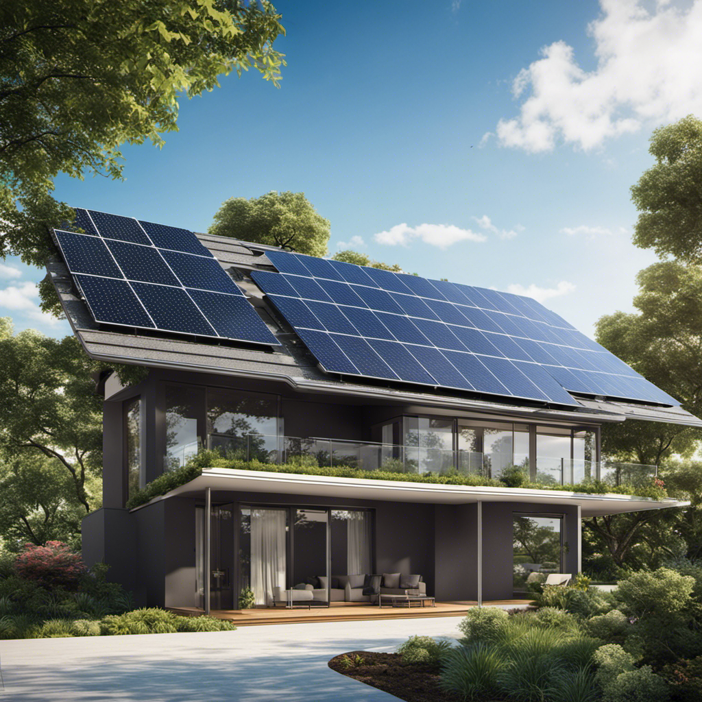 An image showcasing a futuristic solar panel installation, with sleek, high-efficiency photovoltaic panels neatly aligned, absorbing sunlight against a backdrop of clear blue skies, surrounded by lush greenery