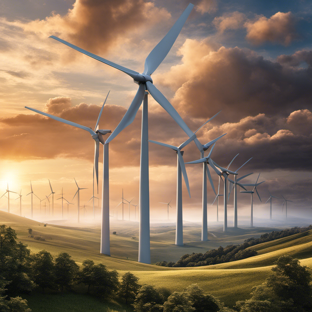 An image showcasing a colossal wind turbine towering over the landscape, its sleek blades gracefully slicing through the air, generating an awe-inspiring display of energy harnessing the untamed power of the wind
