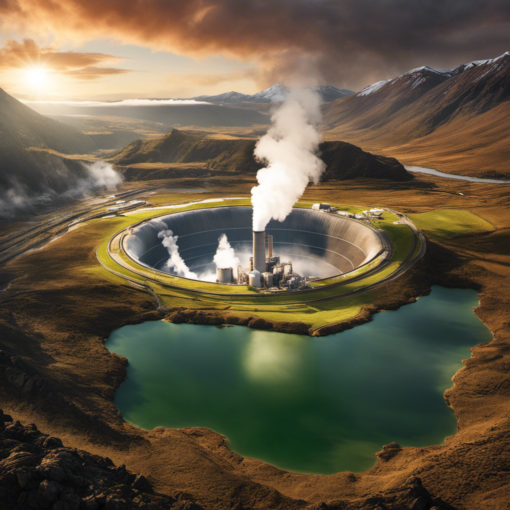 An image showcasing a vast geothermal power plant nestled amidst a picturesque landscape, with steam billowing from the earth's surface, revealing the potential of this renewable energy source for a sustainable future