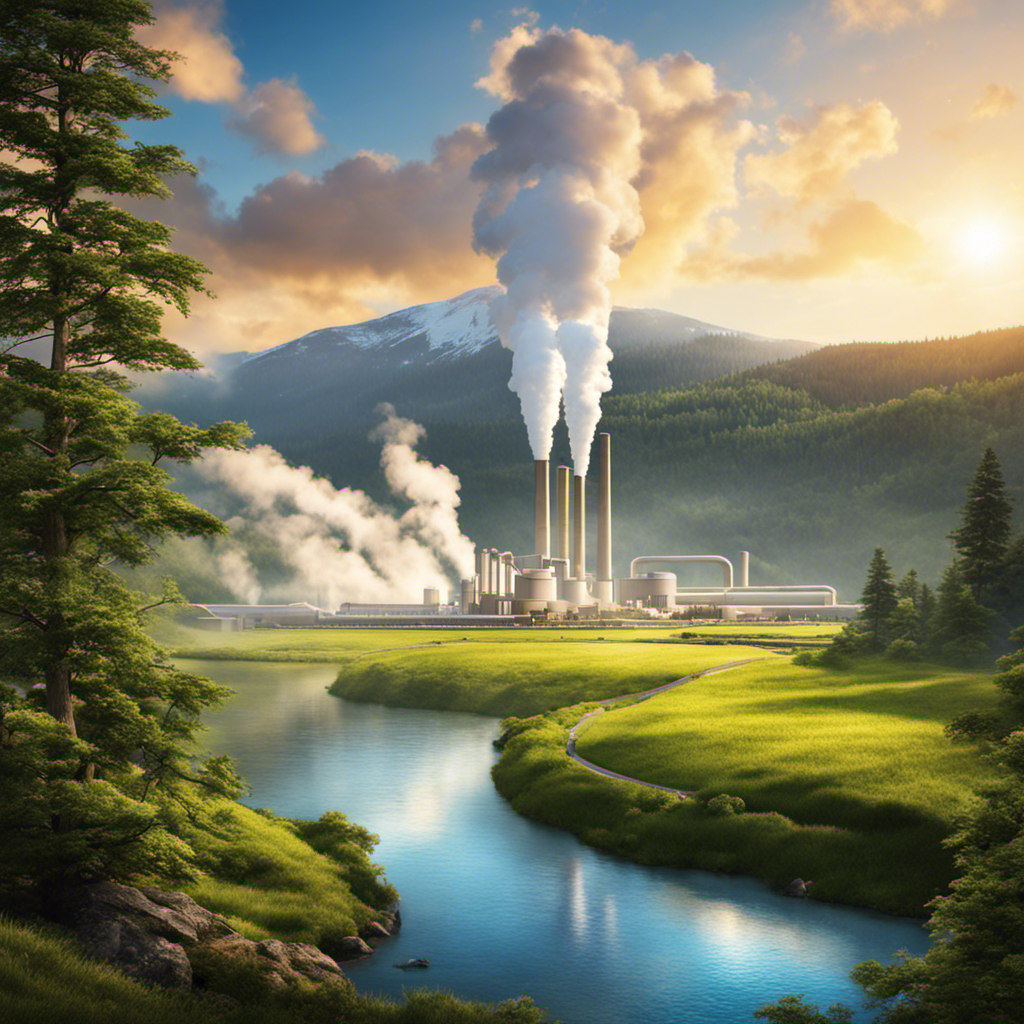 An image showcasing the vast benefits of geothermal energy, featuring a serene landscape with a towering geothermal power plant, emitting clean steam into the air, surrounded by lush greenery and a crystal-clear lake