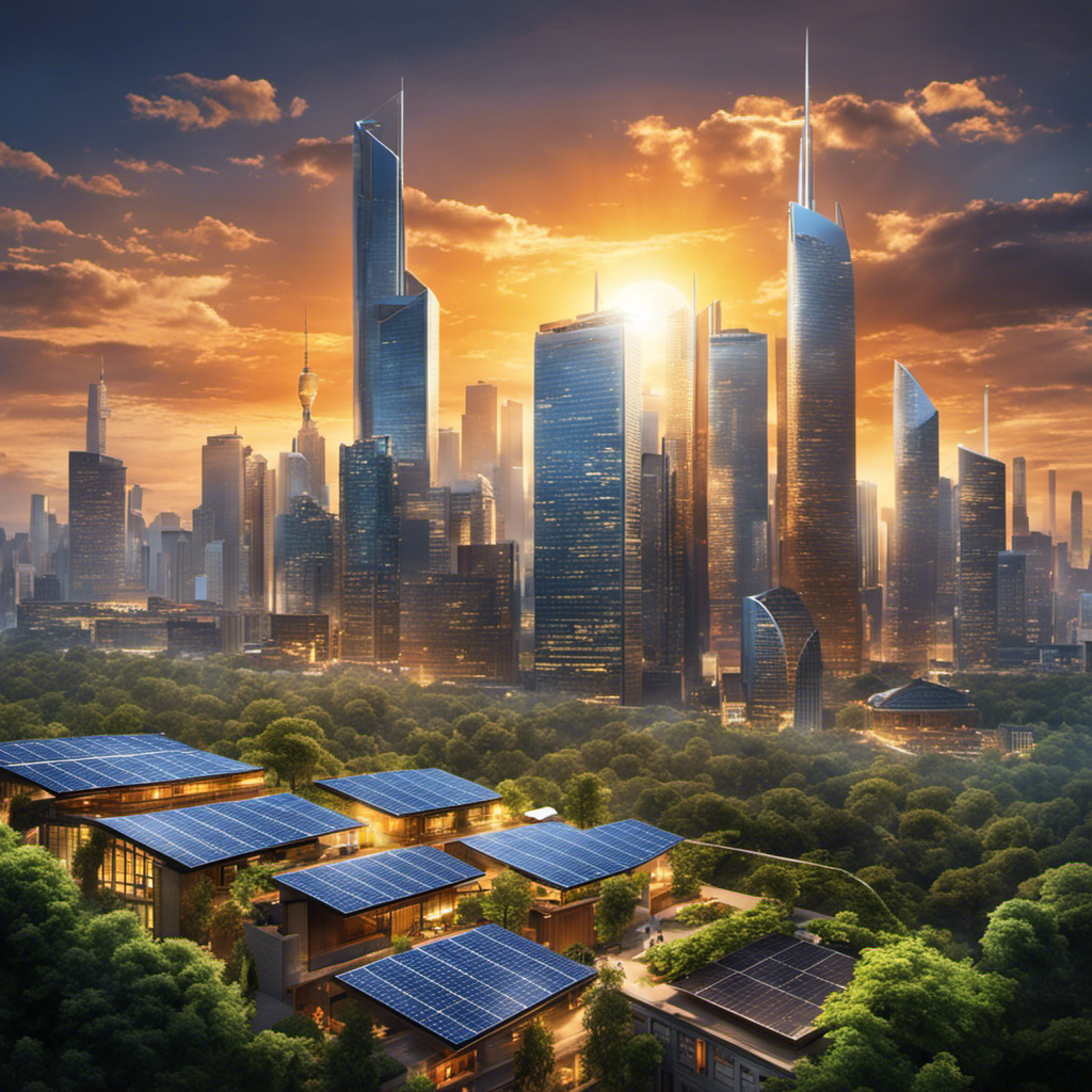 An image that depicts a bustling city skyline adorned with solar panels on every rooftop, surrounded by vibrant greenery and clean air, showcasing the economic prosperity and viability of solar energy