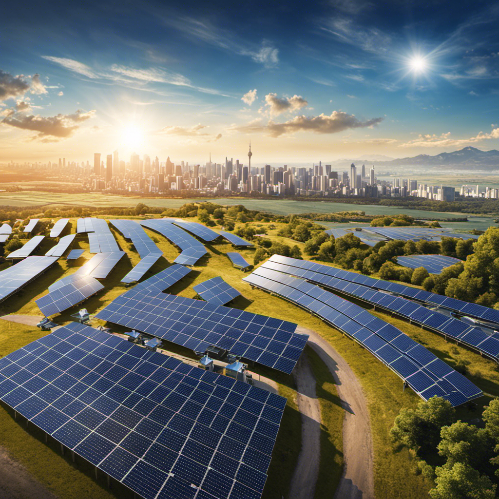 An image depicting a vibrant solar panel farm stretching across a vast landscape under a clear blue sky, surrounded by bustling city streets and buildings, symbolizing the paragraph's message about the potential of solar energy