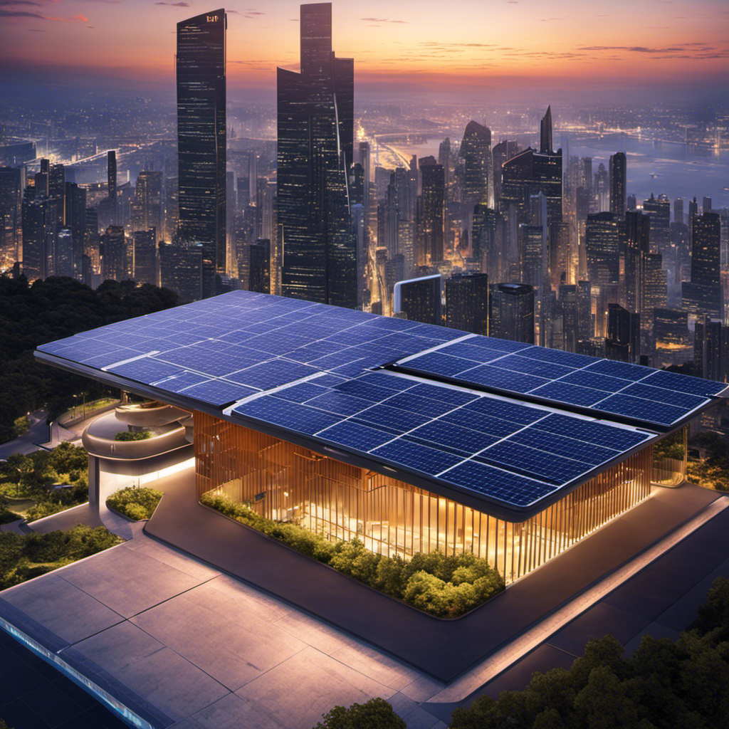 An image showcasing a solar panel array against a backdrop of futuristic cityscape, emphasizing cutting-edge technological advancements