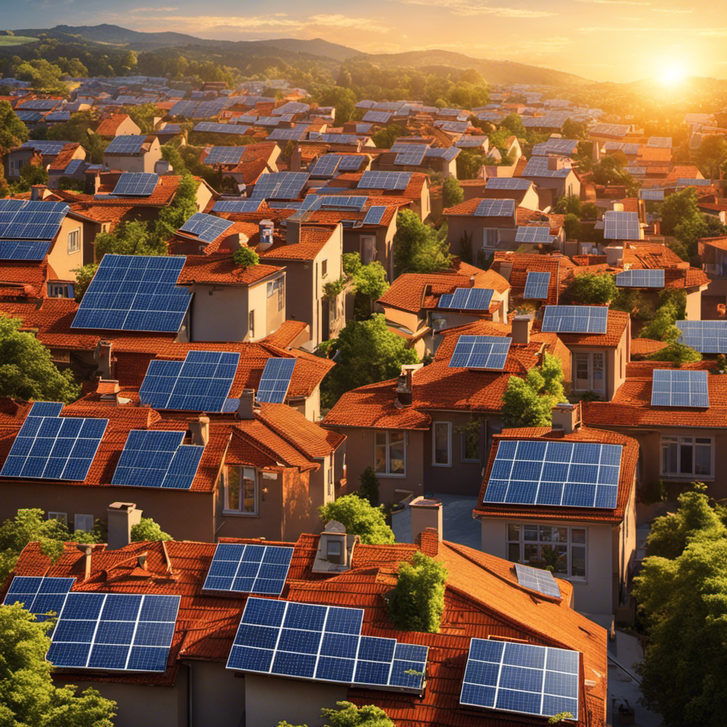 An image depicting a vibrant, sunlit rooftop covered in solar panels, generating clean energy and illuminating nearby homes