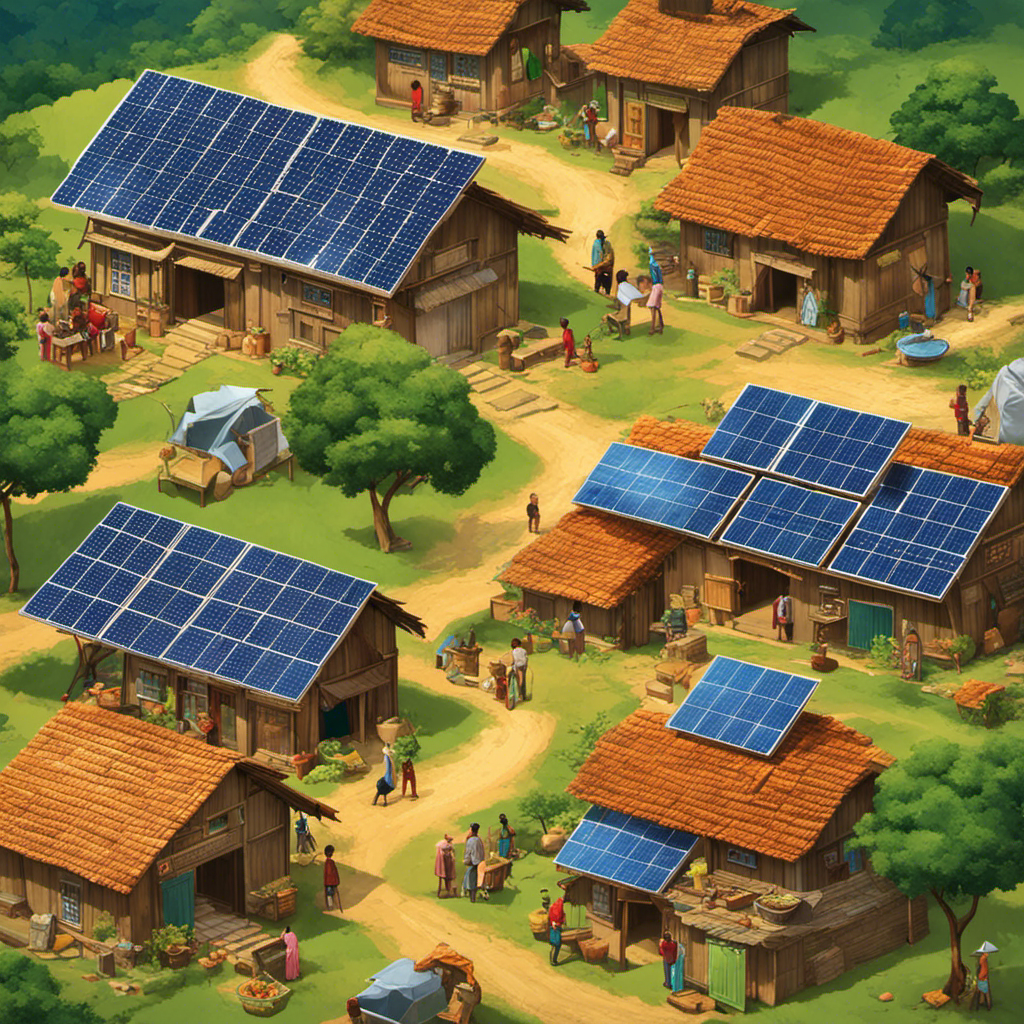 An image depicting a rural village in a developing country, with solar panels installed on rooftops and locals engaged in various activities empowered by solar energy, symbolizing the potential and impact of solar energy in improving lives
