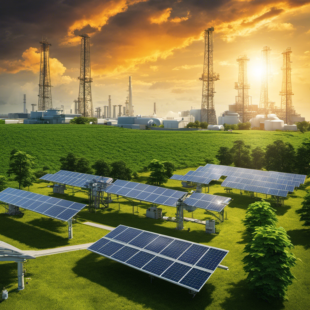An image showcasing a vibrant solar panel farm surrounded by lush greenery, juxtaposed with an oil rig and a nuclear power plant in the background