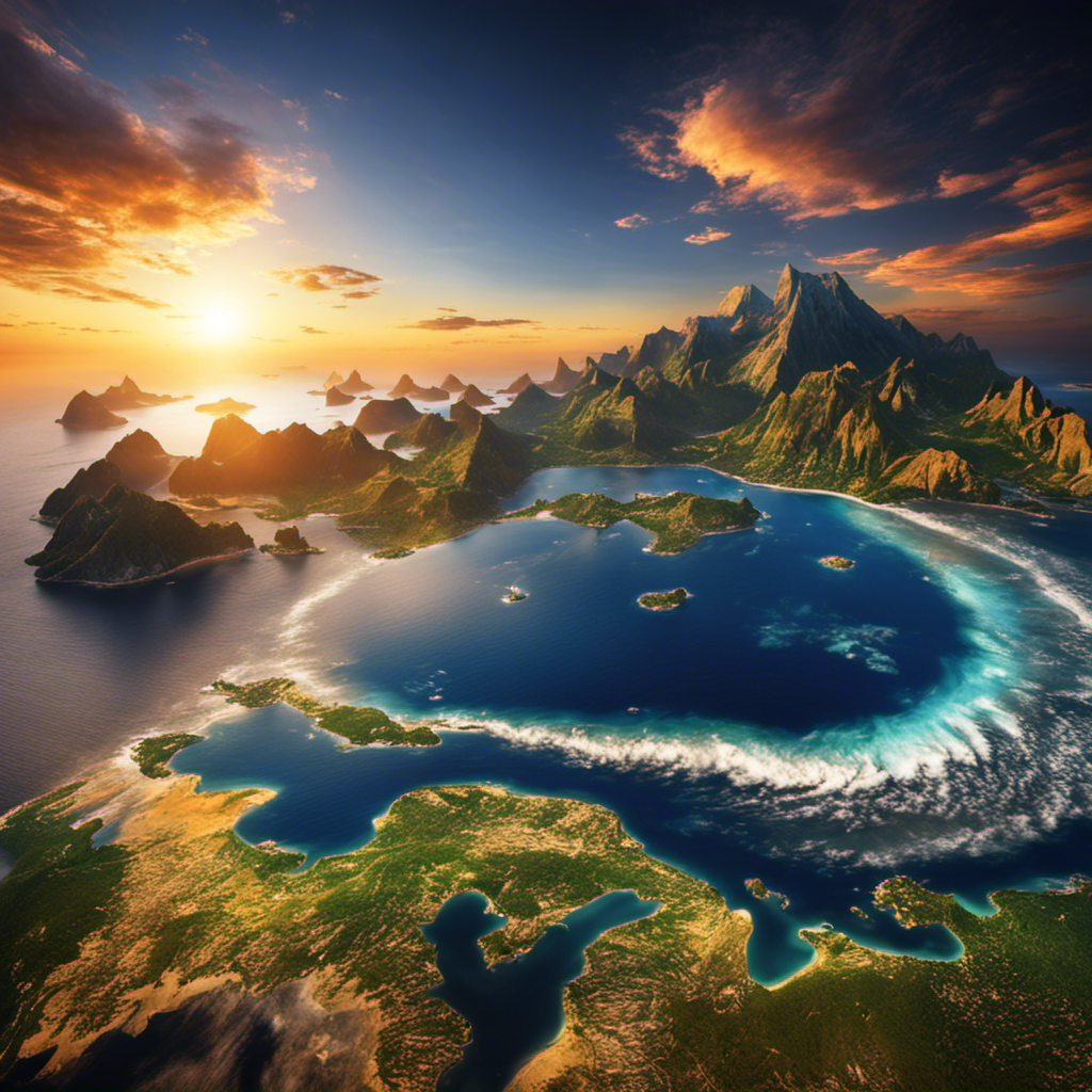 An image showcasing the Earth's landmasses and oceans, vividly depicting the sun's radiant energy being absorbed by the vast expanse of these diverse landscapes
