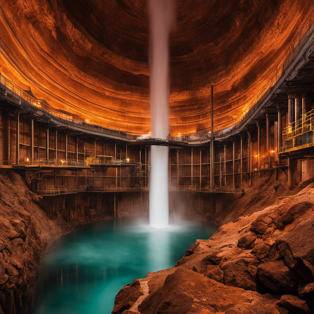 An image showcasing a vibrant underground reservoir of hot water and steam, surrounded by layers of rock formations