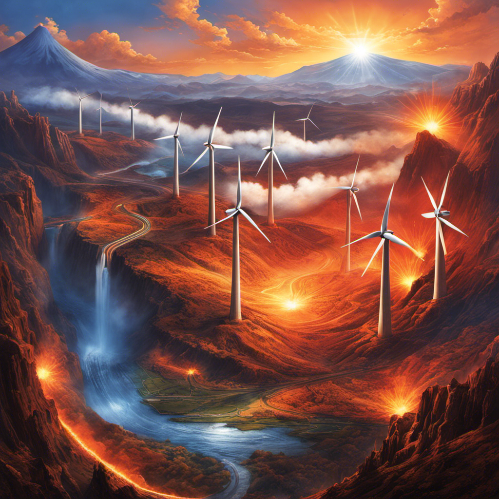 An image showcasing a vibrant blue sky with a radiant sun shining brightly, surrounded by towering wind turbines generating power, while deep within the Earth, geothermal energy is harnessed through a striking, fiery volcanic eruption